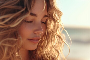 Jeune femme se relaxant sur une plage ensoleillée » IA générative
