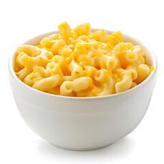 Macaroni and cheese in white bowl side view on white background