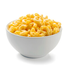 Macaroni and cheese in white bowl side view on white background