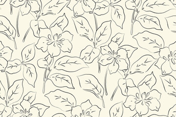 Seamless floral pattern, minimalist line art ditsy print. Elegant botanical design of linear plants: hand drawn lily flowers, large leaves in an abstract composition. Black, white vector illustration