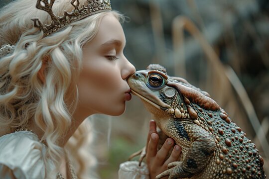 Gros plan sur une princesse blonde embrassant un crapaud &raquo; IA g&eacute;n&eacute;rative