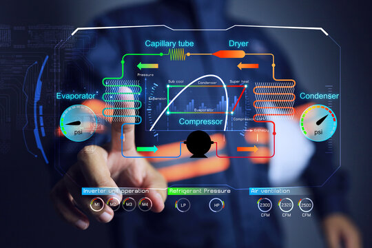 Engineer pointing on evaporator of air conditioning system on virtual screen interface for monitoring such as refrigerant pressure electricity usage to operation check and maintenance