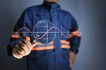 Electronic engineer use a magnifying glass expand sine wave to analyze operations for research and...