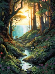 Fototapeta premium Enchanted Forest Illustration - Seascape Art Print, Forest Coast & Enchanted Oceans
