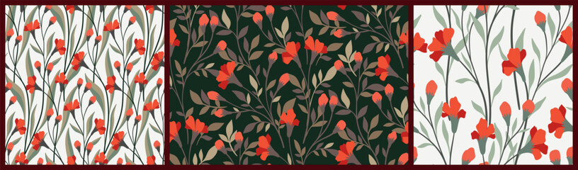 Seamless floral pattern, abstract flower print, retro ornament in the collection. Elegant botanical design in vintage motif of hand drawn red flowers, branches, dark leaves. Vector illustration.