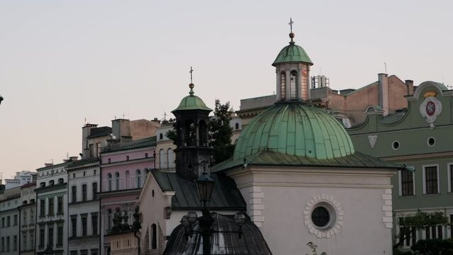 Static B-Roll clip of the dome of Church of St. Wojciech on Rynek Glowny, Main Square in Krakow