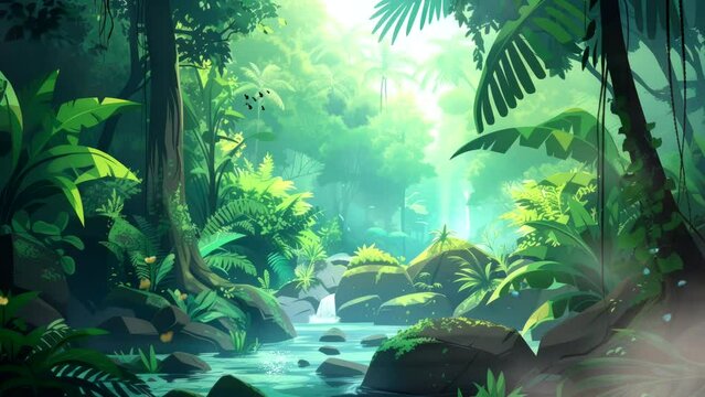 Tranquil Oasis: Calm and Relaxation Amidst the Green Rainforest and Little River. Animated fantasy background, watercolor painting illustration style, seamless looping 4K video