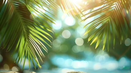 Beautiful nature green palm leaf on tropical beach. Copy space of summer vacation and business travel concept. Generative AI.