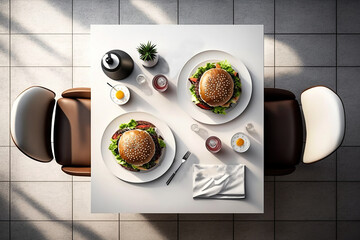 Top View of Two Burgers, Overhead shot of a meal for two, with burgers, drinks, and condiments neatly arranged on a white table.