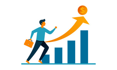 A businessman placed a dollar symbol on a financial growth chart to represent investment dividend growth, increased profit and earning, passive income from stock market returns, interest rate savings,