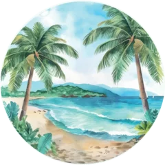  watercolor circle painting of the beach with palm trees, isolated  © Irina
