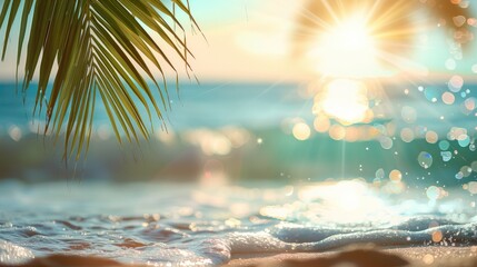 Beautiful nature green palm leaf on tropical beach. Copy space of summer vacation and business travel concept. Generative AI.