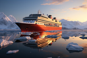 A cruise ship sails amidst Antarctic icebergs, bathed in the warm glow of a setting sun. - Powered by Adobe