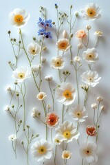 Different types of flowers are on a white background. Generative AI.