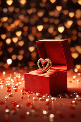 A heart-shaped ring in a red velvet box surrounded by sparkling confetti, symbolizing romance and proposal, Elegant Valentines Day Proposal
