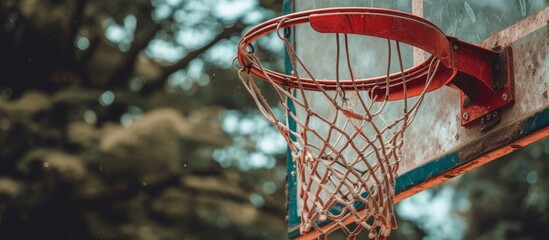 A detailed shot of a basketball hoop with lush trees in the background, capturing the essence of...