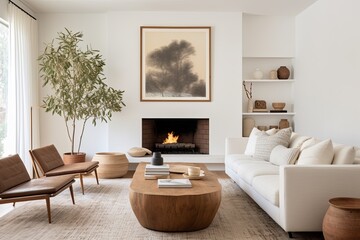 Mid-century White Sofa in Serene Bohemian Room With Fireplace