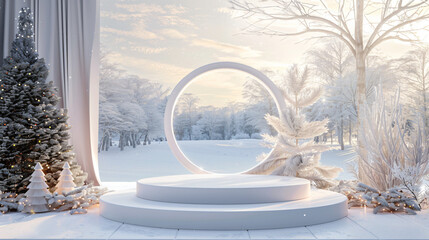 Winter scene with a white podium.