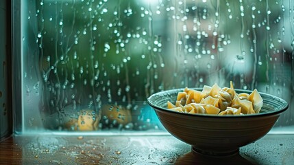 Outside the glass window, it is raining, while inside, on the table, there is a bowl of wontons. The raindrops on the window create a contrast with the warm and inviting bowl of wontons, adding a sens - obrazy, fototapety, plakaty