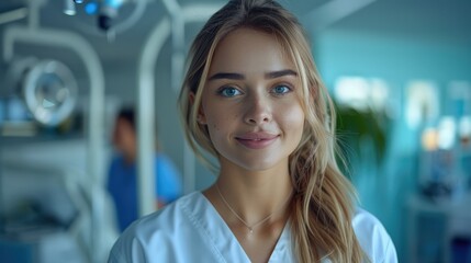 An attractive female dentist at dental office. Generative AI.