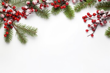 Fototapeta na wymiar Christmas Composition: Festive Flatlay of Spruce Branches, Red Berries and Tree Decorations