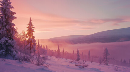 Sunset in nordic landscape. Winter wonderland. 300 dpi - obrazy, fototapety, plakaty