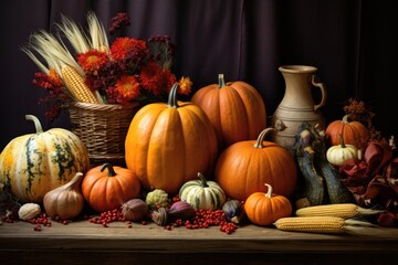 A Festive Autumn Thanksgiving Scene: Colorful Harvest Decor and Pumpkin Arrangements