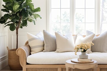 Fototapeta premium Coastal Rattan French Country Sofa Decor with House Plants Accents