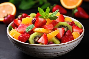 Fresh Fruit Salad in a Healthy Diet Bowl. Delicious Mix of Vegetarian Fruits, Including Grapefruit