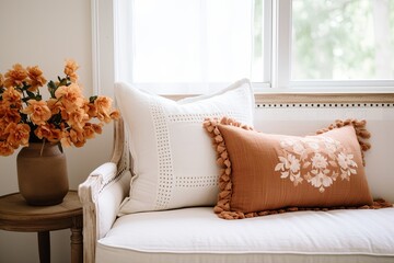 French Country Sofa Decor: Terra Cotta Pillow Accents & White Walls Harmony