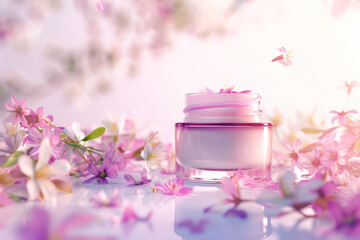 Obraz na płótnie Canvas Opened jar with cream on lilac background with spring flowers. Spring skin care. Jar of cosmetic product on a vibrant background. Moisturizing cream for clean and soft skin. Cosmetics promotion