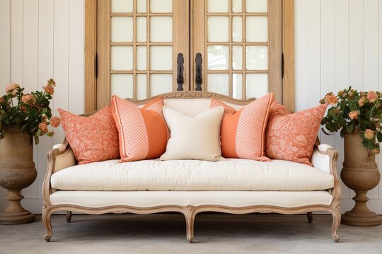 French Country Sofa Decor: Terra Cotta Pillow Accents in White Walls Elegance