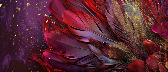 close up on top part, luxurious symetrical dark red and purple feather fan with gold spatter glistering dust on dark red and purple background