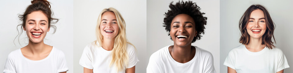 Diverse Women Smiling in White T-shirts, Different Ethnicities, Gray Background
