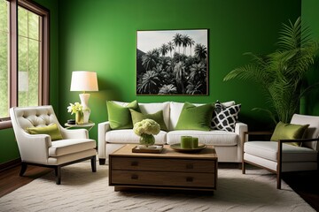 Green Wall Living Room Decor: White Sofa & Cushioned Armchair Harmony