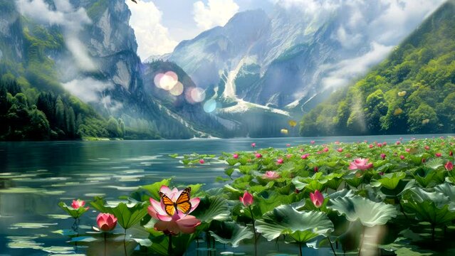 Calm Waters: Lotus Water Lilies on a Serene Lake, Basking in the Calmness of a Sunny Day under Blue Skies and Clouds. Fantasy background, seamless looping 4K Footage Animation