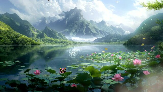 Lake of Tranquility: Lotus Water Lily Flowers Bloom under a Sunny Day Sky with Fluffy Clouds. Fantasy background, seamless looping 4K Footage Animation