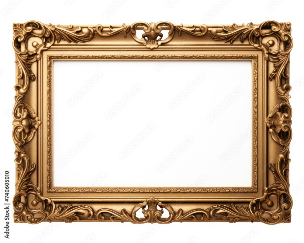 Poster antique gold frame with intricate carved design and white background for custom art and borders