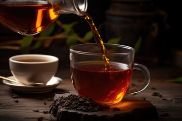 Antioxidant Rich Black Tea: Aromatic Breakfast Beverage with Soothing Aroma Poured into Glass Cup