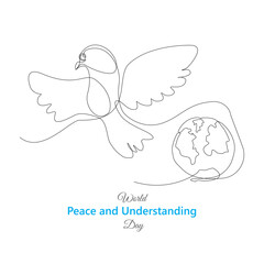 World Peace and Understanding Day vector, illustration. 23 February. hand drawn dove bird and world map illustration.