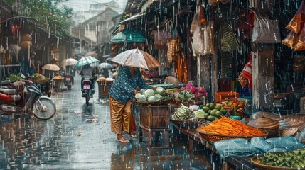 outdoor market in Vietnam on a rainy day