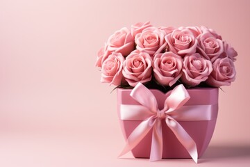 red roses in a box with a heart on pink background with bows