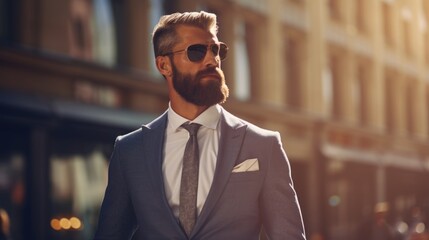 Elegant Suit on Sunny Summer Day. Attractive Businessman Stands Confidently on European City - obrazy, fototapety, plakaty