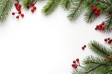 Christmas Composition with Spruce Branches, Red Berries and Space for Text on White Background.