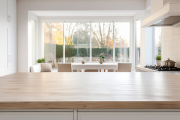 Close-up of wooden table in the modern kitchen interior. Mock up.