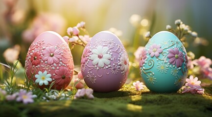 easter eggs are sitting on the grass with flowers