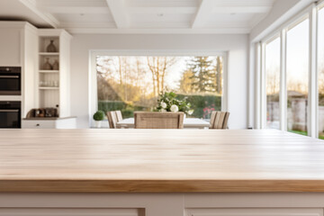 Empty wooden table in the modern kitchen interior. Ready for product display montage - obrazy, fototapety, plakaty