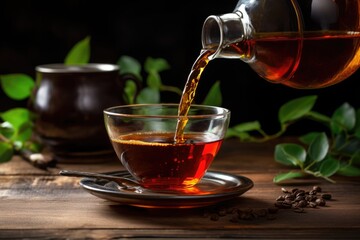 Black Tea with Antioxidant & Aromatic Aroma - Pouring Fresh Brewed Tea into Glass Cup