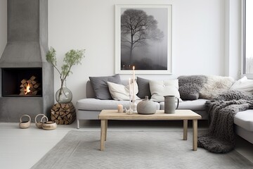 Grey Daybed and Fireplace Settings: Modern Living Room with Nordic Decor and White Wall