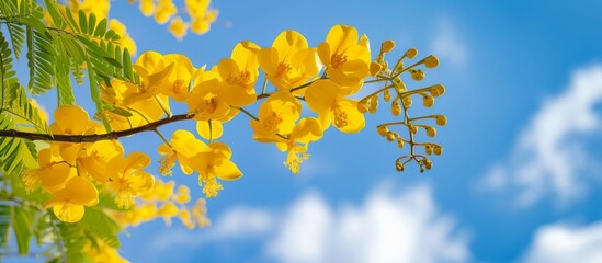 Vibrant yellow flowers blooming beautifully against a clear blue sky